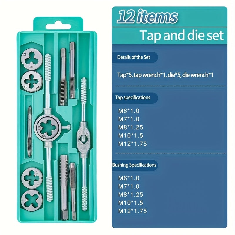 Metric Tap and Die Threading Set with M3 to M12 Sizes in 12- or 40-Piece Storage Case Configurations