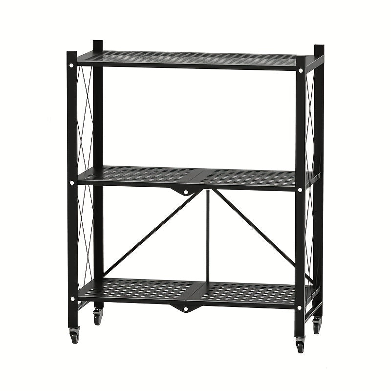 Three-to-Five-Tier Folding Storage Rack with Metal Shelves, Caster Wheels and Black or White Finish