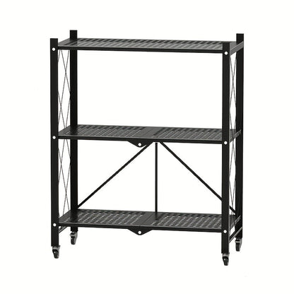 Three-to-Five-Tier Folding Storage Rack with Metal Shelves, Caster Wheels and Black or White Finish