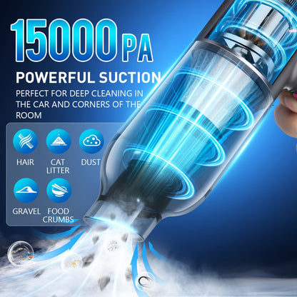 15,000Pa Cordless Handheld Vacuum Cleaner with Brushless Motor, Clear Dust Cup, Blower and Pump Heads