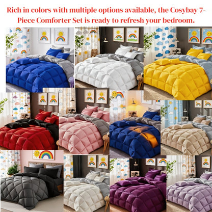 Seven-Piece Comforter Bed-in-a-Bag Set with Short-Plush Fabric, 12 Colors and Full, Queen or King Sizes