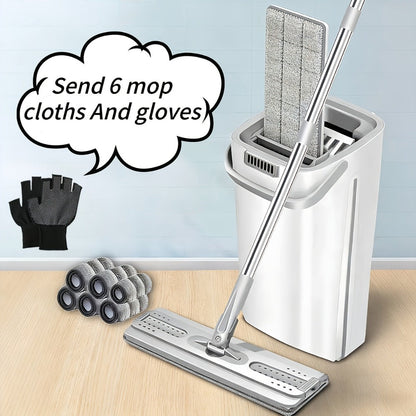 Eight-Piece Flat Mop and Bucket Set with Six Microfiber Pads, Cleaning Gloves and Hands-Free Wringer