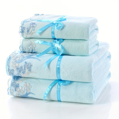 Towel Set 4-Piece 350GSM Lace Embroidery Bath and Hand Towels in Four Elegant Colors for Home and Guest Use