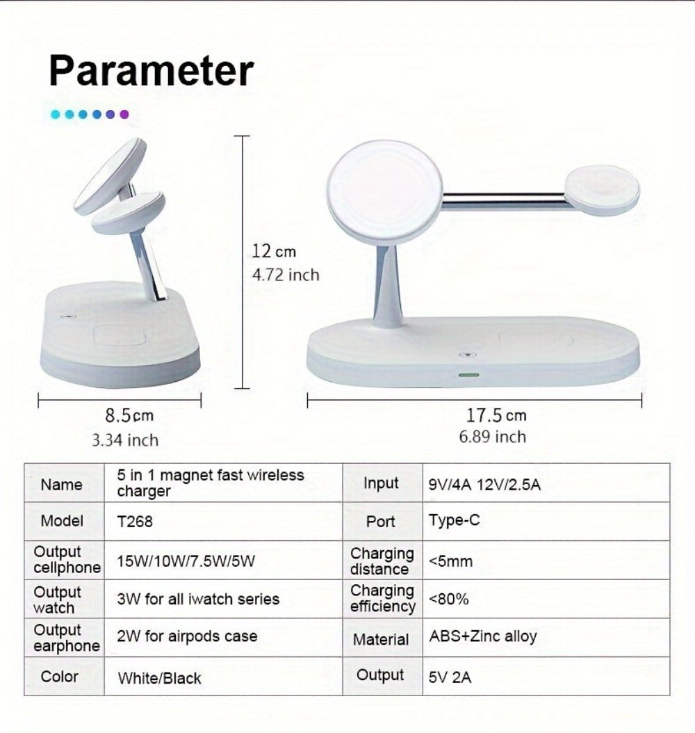 Wireless Charging Station, 3-in-1 Magnetic Stand with QC3.0 Adapter, Clock Display and White or Black Options
