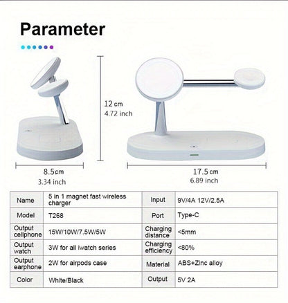 Wireless Charging Station, 3-in-1 Magnetic Stand with QC3.0 Adapter, Clock Display and White or Black Options