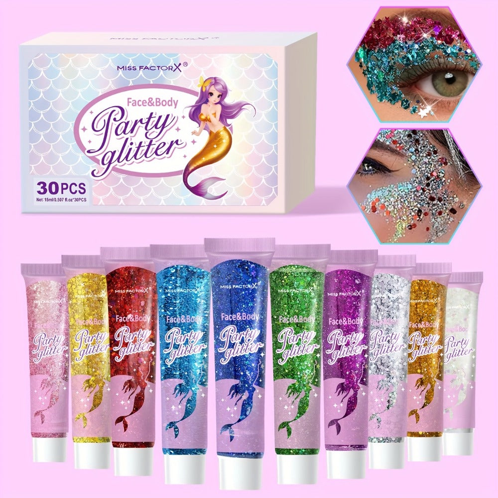 30-Piece Face and Body Glitter Gel Set with Mermaid Shapes, Stars and Hearts for Festival Makeup