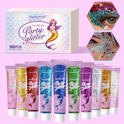 30-Piece Face and Body Glitter Gel Set with Mermaid Shapes, Stars and Hearts for Festival Makeup
