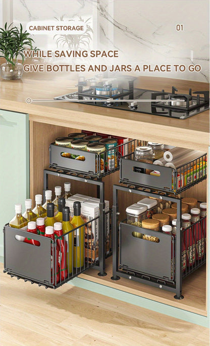 Under Sink Organizer 2-Tier Slide Out – Heavy Duty Metal Cabinet Shelf, Adjustable Space-Saving Storage Rack for Kitchen & Bathroom Cabinets, Pull Out Drawer Organizer