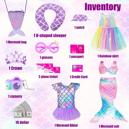 Twenty-Piece Mermaid Travel Accessory Set for 18-Inch Dolls with Purple Suitcase, Skirts and Crown