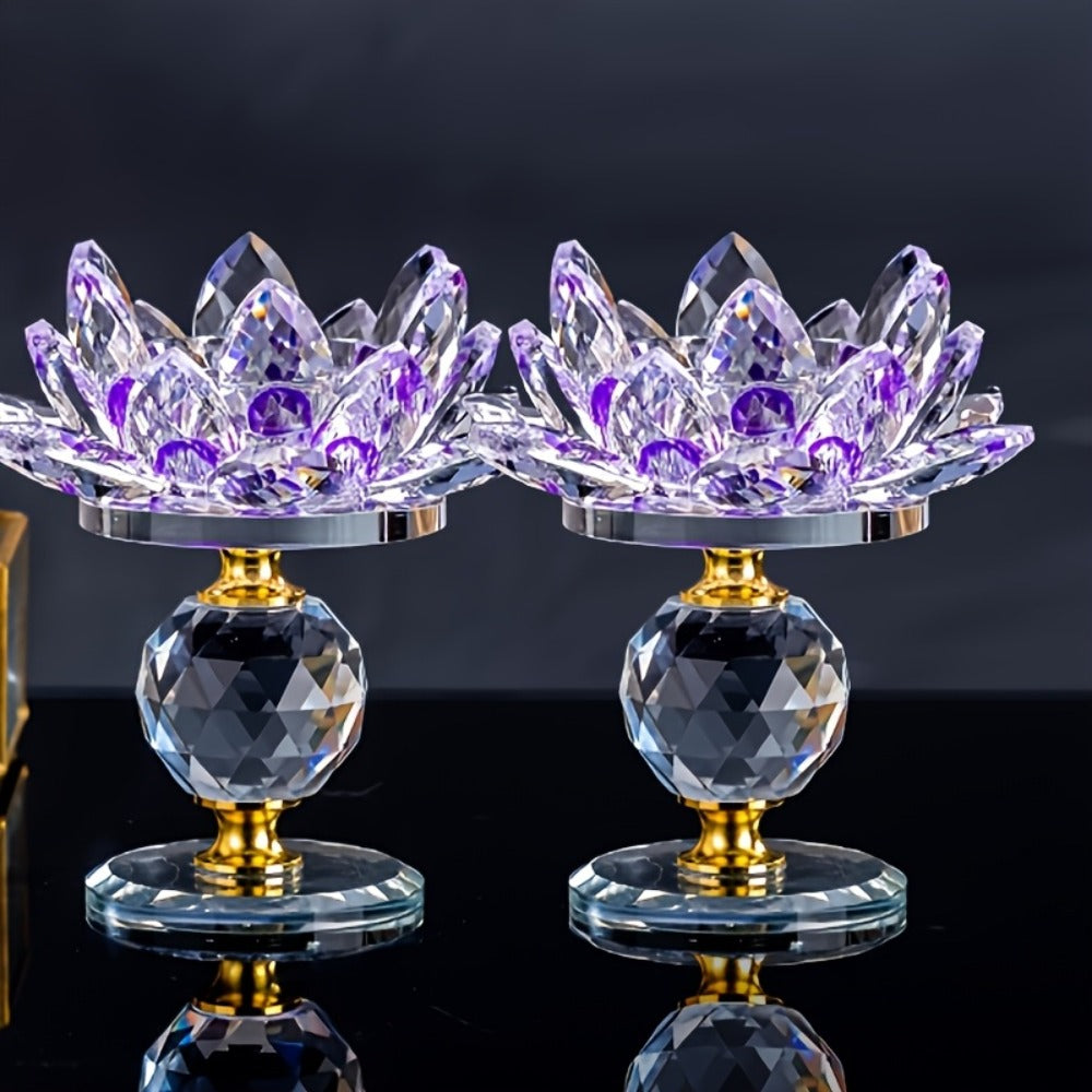 Lotus Candle Holder Pair with Faceted Crystal-Look Petals, 11cm Pedestal Form and Green, Purple, Blue or Pink Options