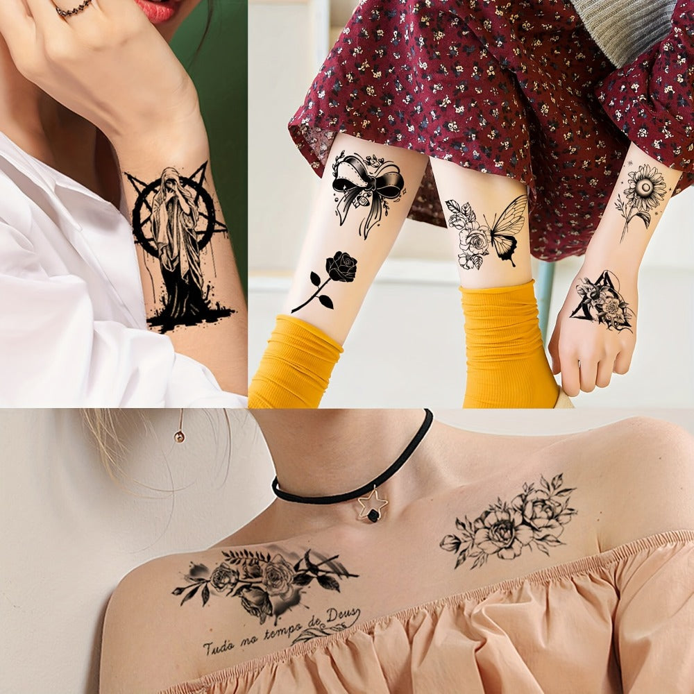 Floral Temporary Tattoos for Women 44-Pack | Realistic Butterfly Snake Half Arm Body Art Stickers | Large & Small Sheets Waterproof Long-Lasting Fake Tattoo | Black Flower Design Set for Adults Teens