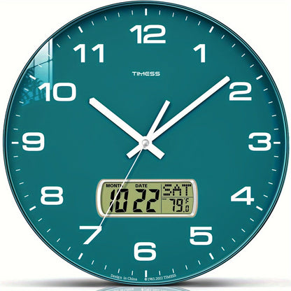 Round Analog Wall Clock with LCD Calendar and Temperature Window, Four Colors and 10- or 12-Inch Sizes