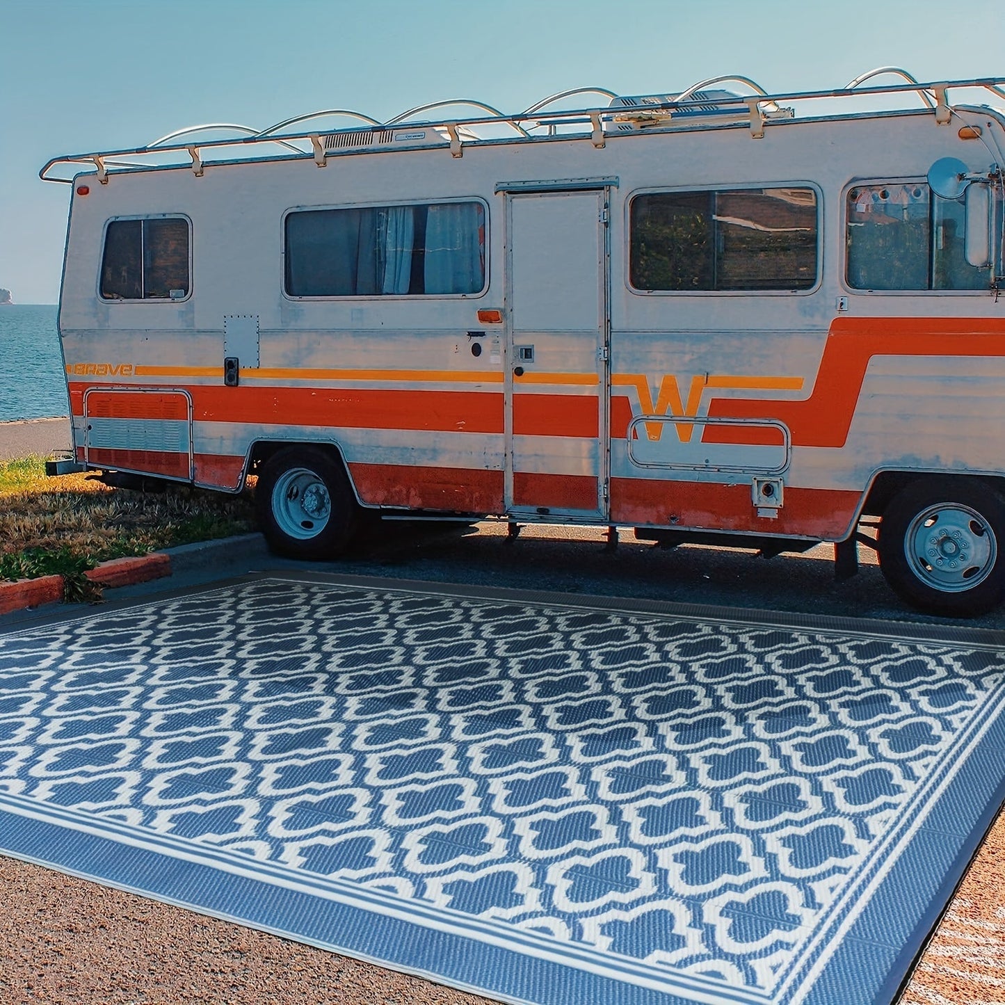 Blue and White Reversible Outdoor Mat with Geometric Pattern and Two Rectangular Size Options