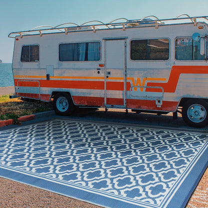 Blue and White Reversible Outdoor Mat with Geometric Pattern and Two Rectangular Size Options