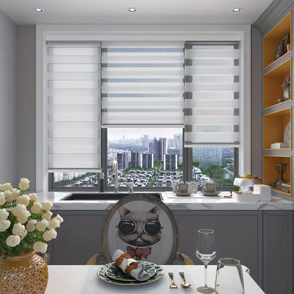 Cordless Zebra Roller Shade with Valance – Day Night Window Blind, Light Filtering Dual Layer Window Treatment Mesh Opaque Fabric