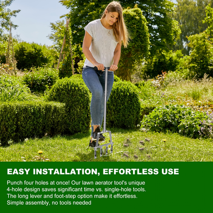 Lawn Core Aerator Tool with 4 Hollow Tines - Heavy Duty Manual Plug Aerator for Yard Soil Loosening, Thatch Removal, Grass Maintenance & Deep Core Aeration for Residential and Commercial Lawns