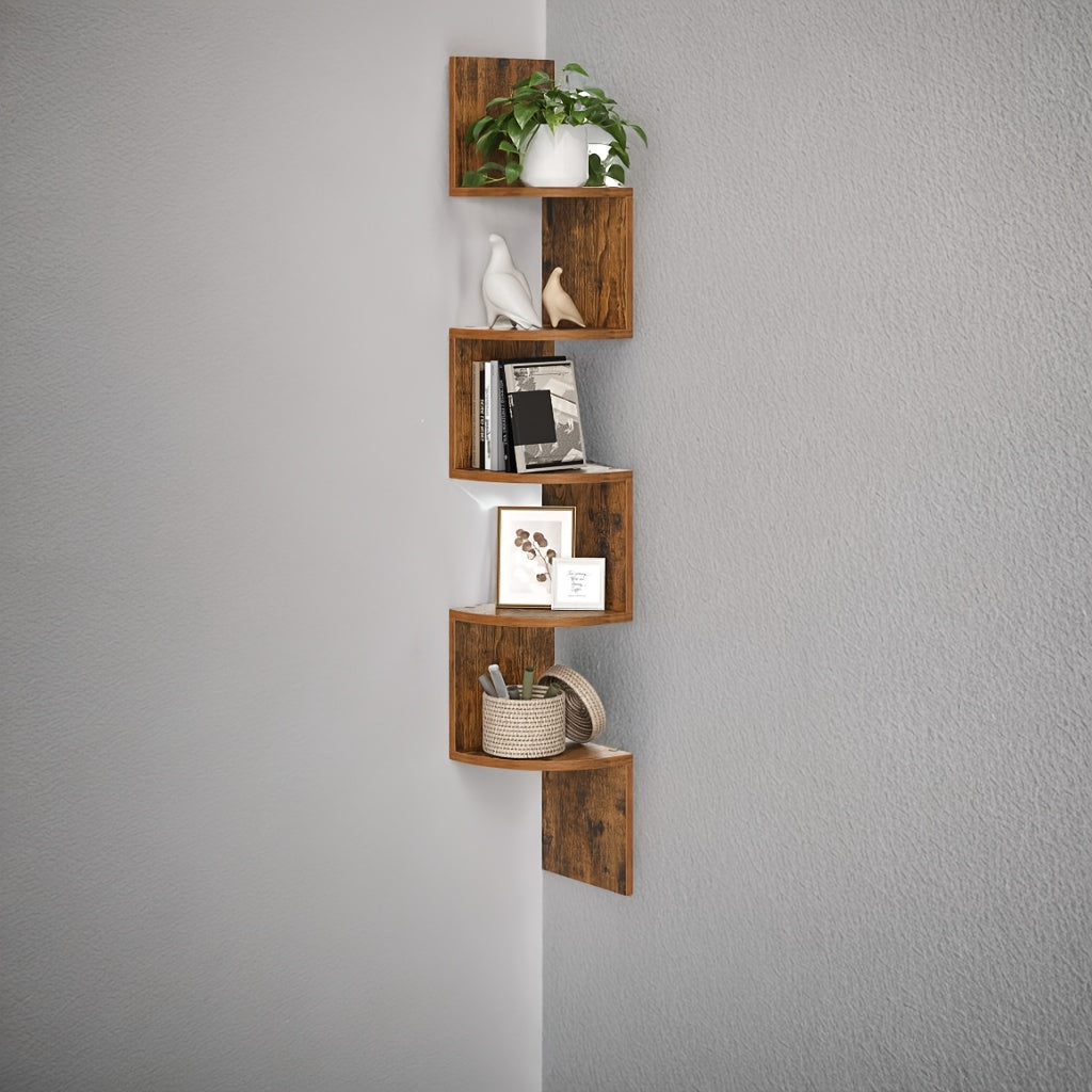 Corner Floating Shelf 5-Tier Wall Mount, Space Saving Storage Rack for Bedroom Living Room, Radial Display Organizer, Easy Install, 7.9"×7.9"×49.6", Black White Brown Greige Beige