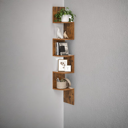 Corner Floating Shelf 5-Tier Wall Mount, Space Saving Storage Rack for Bedroom Living Room, Radial Display Organizer, Easy Install, 7.9"×7.9"×49.6", Black White Brown Greige Beige