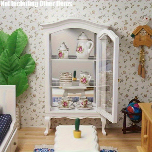 Miniature Display Cabinet with Mirror & 3 Glass Shelves White Wooden Mini Showcase – Dollhouse Decoration Photography Prop Wedding Scene Decor, Collectible Gift for Miniature Enthusiasts & Collectors