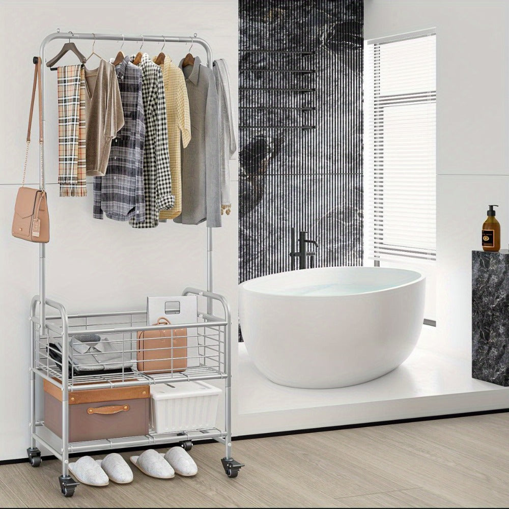 Rolling Laundry Basket Cart with 70.25-Inch Hanging Rail, Two Shelves, Four Casters and White, Black or Silver Frames