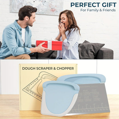 Two-Piece Dough Scraper Set with Metal Bench Cutter, Measurement Guide and Blue or Grey Bowl Scraper