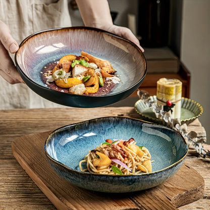Irregular Deep Dish Ceramic Plate | Artisan Handcrafted Salad Soup Bowl Dish | Unique Edge Design | Dishwasher Safe Tableware for Family Dining