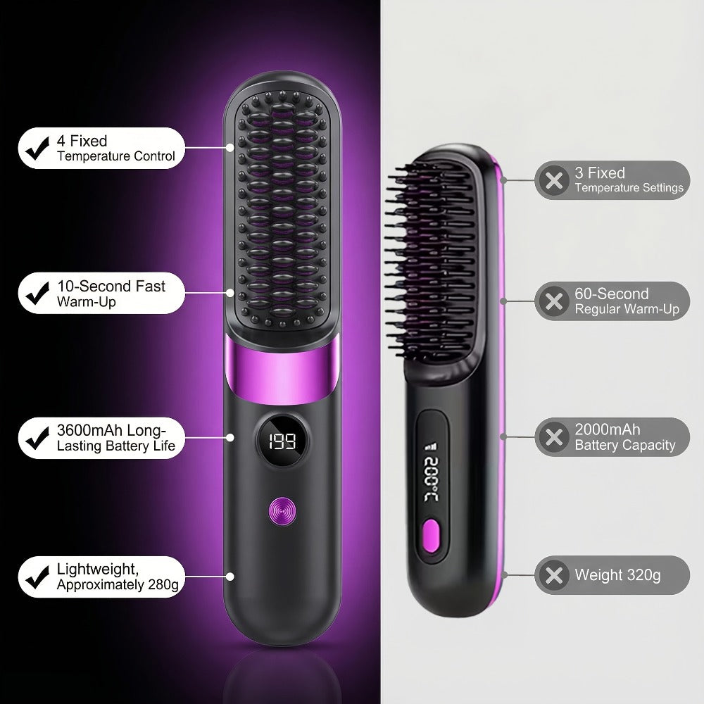 Ionic Hair Straightener Brush USB-C Rechargeable 3-in-1 Straightener Curler Styler — Adjustable Temperature, Anti-Scald Bristles, Frizz Control & Shine Boost, Salon Results at Home for All Hair Types