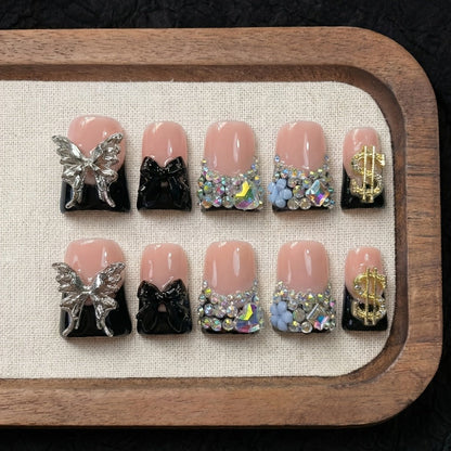 Black Nude Duckbill Press On Nails Medium Length – Glitter AB Rhinestone & Liquid Metal Butterfly Colorblock Handcrafted Acrylic Nail Set for Parties, Date Night & Daily Wear, 10pcs S/M/L