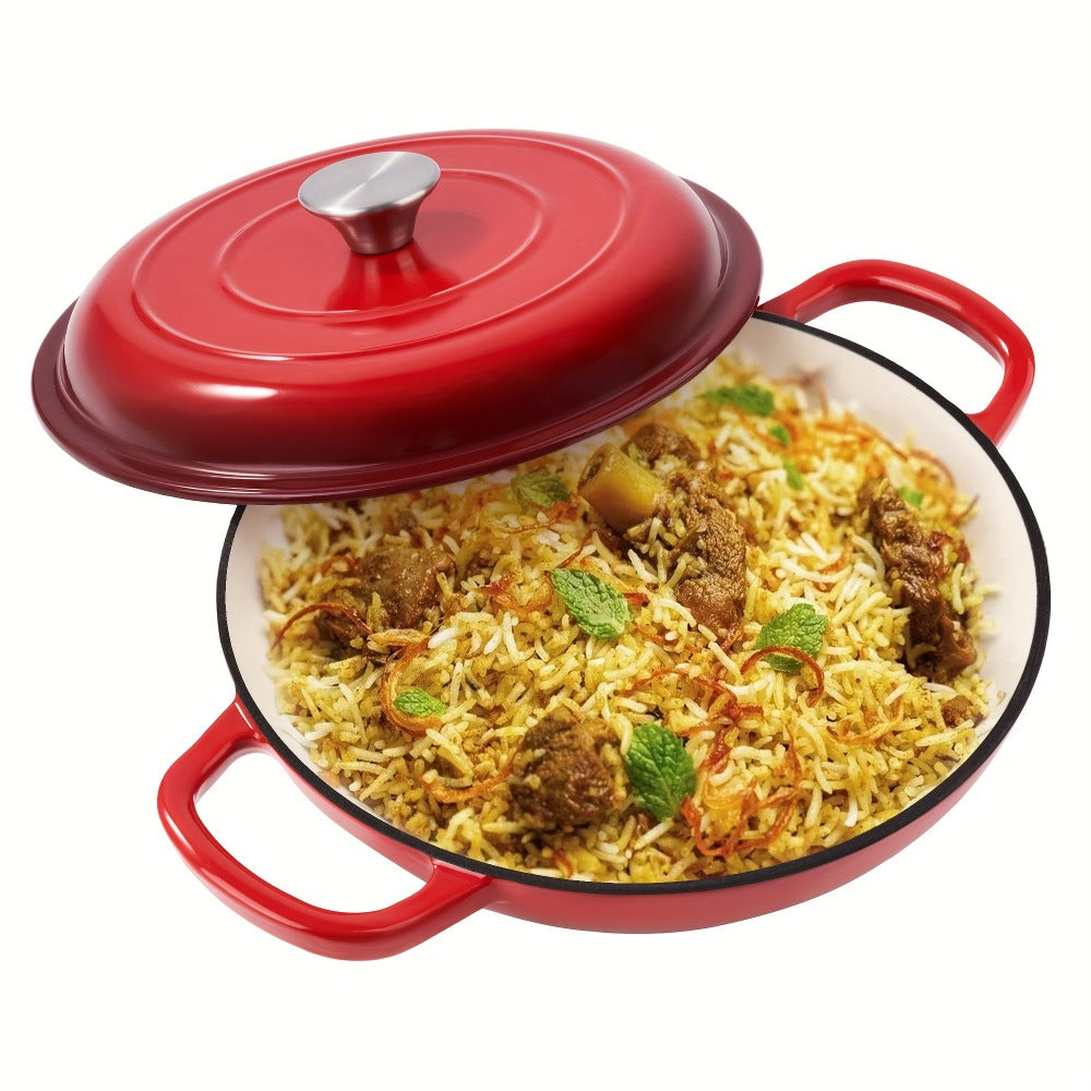 3QT Enameled Cast Iron Dutch Oven Braiser with Shallow Round Body, Fitted Lid and Three Colors