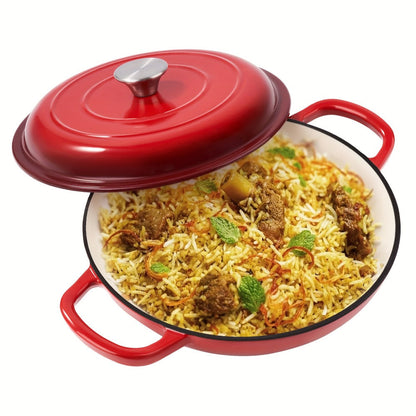 3QT Enameled Cast Iron Dutch Oven Braiser with Shallow Round Body, Fitted Lid and Three Colors
