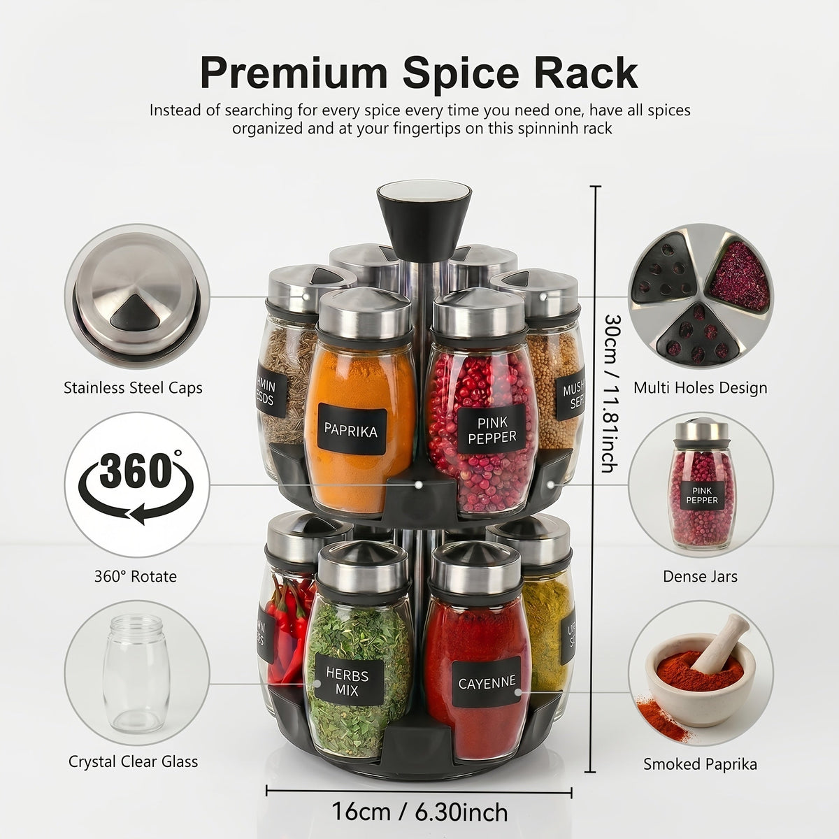 Glass Spice Jar Set with Rotating Rack, Airtight Kitchen Spice Organizer with 360° Stainless Steel Stand