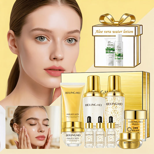Skincare Gift Set for Women 9pcs Golden Luxury Kit — Niacinamide Collagen Hyaluronic Acid Moisturizing Firming Daily Facial Care Premium Birthday Holiday Gift