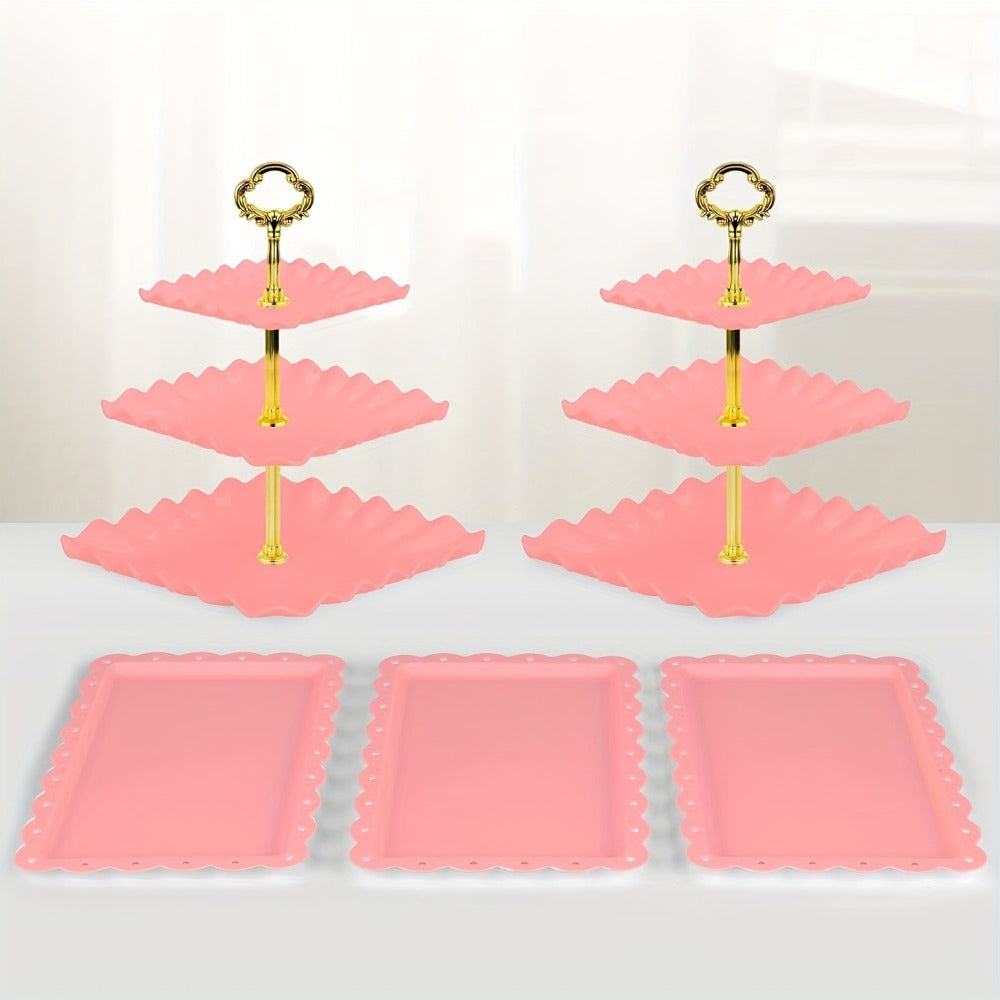 Five-Piece Cupcake Stand Set with Two Three-Tier Square Towers and Three Appetizer Trays in Pink or White