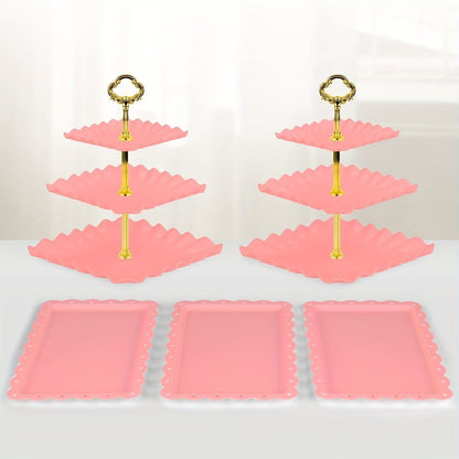 Five-Piece Cupcake Stand Set with Two Three-Tier Square Towers and Three Appetizer Trays in Pink or White
