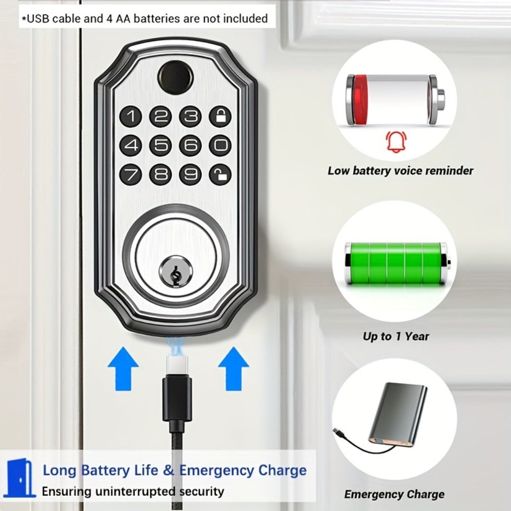 Voice Guided Keypad Deadbolt with Fingerprint, PIN, One-Time Visitor Code & Key, Backlit Keypad, Auto Lock