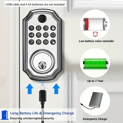 Voice Guided Keypad Deadbolt with Fingerprint, PIN, One-Time Visitor Code & Key, Backlit Keypad, Auto Lock