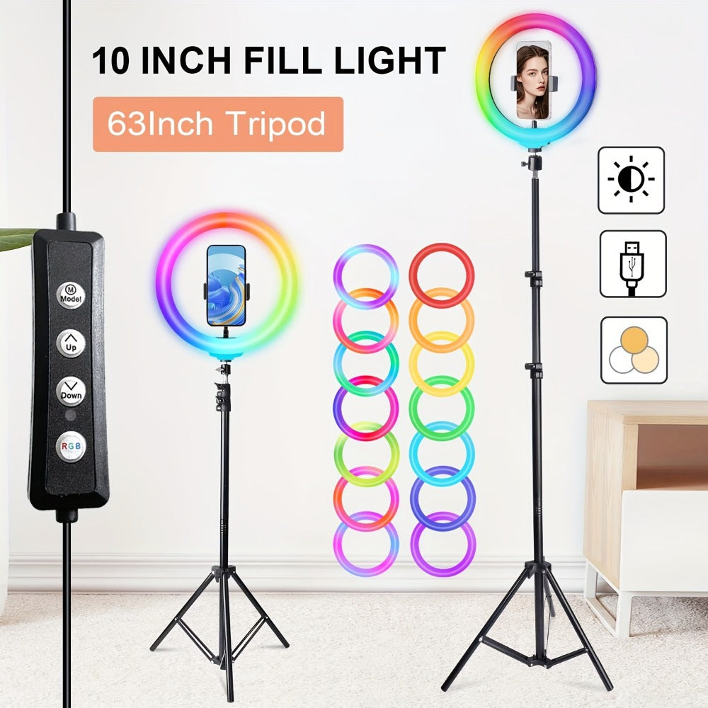 Dimmable 10 Inch Ring Light with 43"/63" Extendable Tripod & Phone Holder – RGB & Standard LED Circle Light for Selfie, Makeup, YouTube, Vlogging & Live Streaming