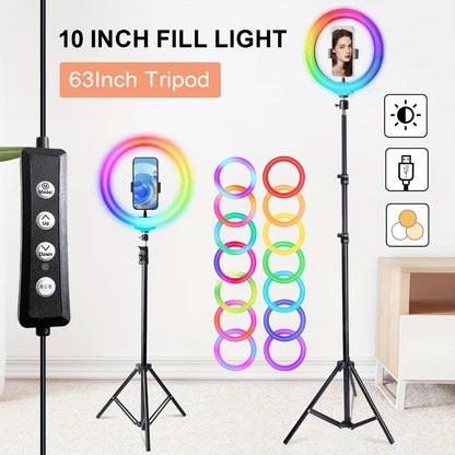 Dimmable 10 Inch Ring Light with 43"/63" Extendable Tripod & Phone Holder – RGB & Standard LED Circle Light for Selfie, Makeup, YouTube, Vlogging & Live Streaming