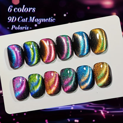Gel Nail Polish 6-Color 9D Polaris Magnetic Set with Six 10ml Glass-Water-Light Shades for Nail Art