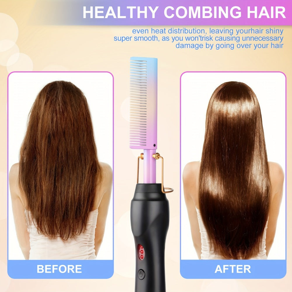 Electric Hot Comb Heated Beard Straightener Brush Fast Heating Anti-Scald Ceramic 2-in-1 Straightening Curling Comb for Men Women Natural Black Hair Wigs Portable Travel Styling Tool