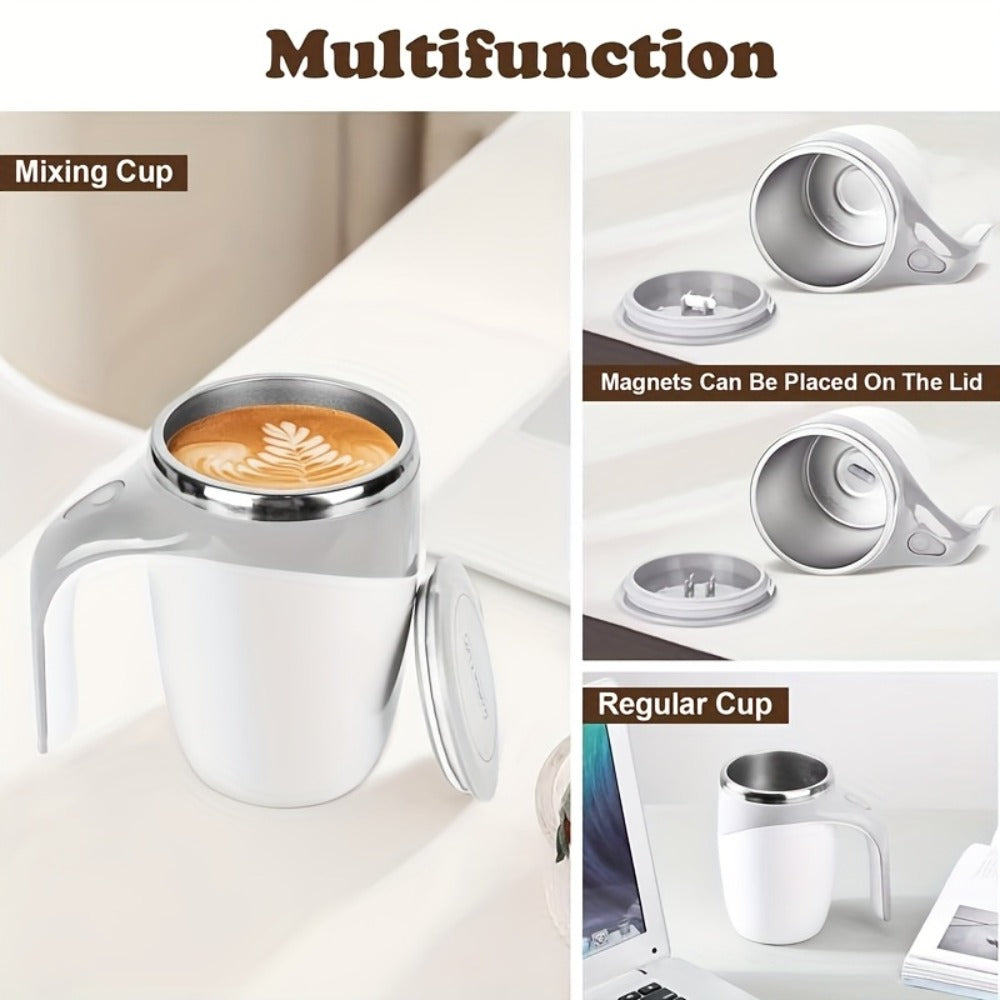 White Self-Stirring Coffee Mug with Magnetic Mixing Piece, Side Button, Lid and 250ml Marking