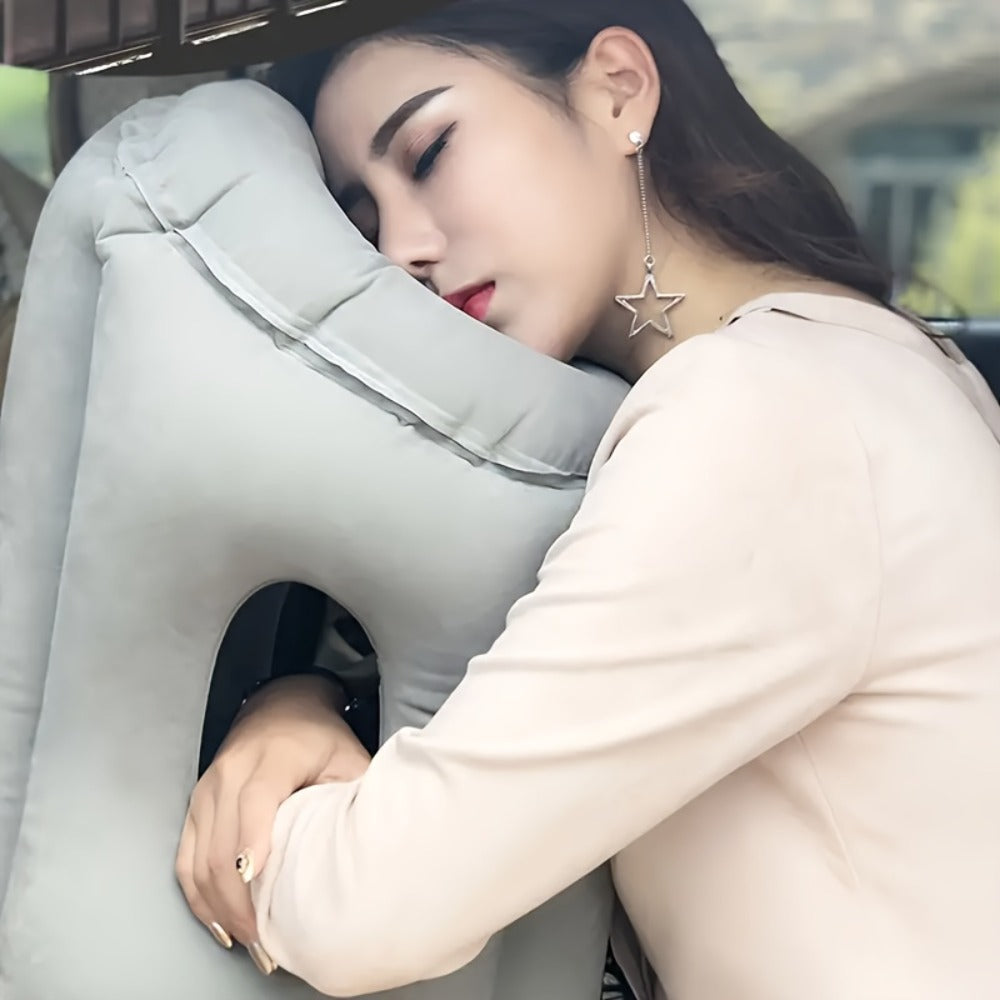 Grey Inflatable Forward-Leaning Travel Pillow with Face Opening, Arm Access, Carry Case and 37 × 32 × 26 cm Label