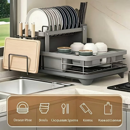 2-Tier Dish Drying Rack with Drainboard & Mat – Metal Dish Rack for Kitchen Counter with Knife Fork Cup Holder