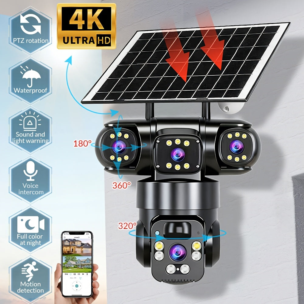 Security Camera 4K Triple-Lens Solar PTZ Model with 10X Zoom, 8000mAh Battery and 32GB Bundle Option