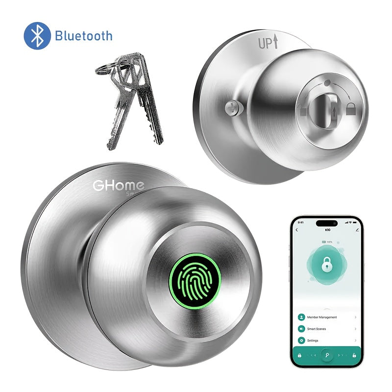 GHome Smart Lock Knob with Fingerprint & Keypad - USB-C Rechargeable, App-Controlled Keyless Entry, Auto-Lock, Passage & Privacy Mode, K10 / K10 PRO / K20 / KD03 PRO, for Home Bedroom Office