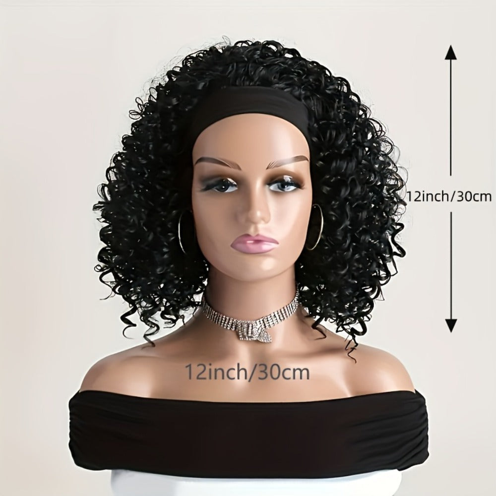 Black Curly Headband Wig in 12, 16 or 22 Inch Protected Length Options with Elastic Cap and Combs