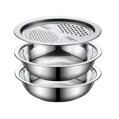 Stainless Steel Kitchen Tool Set 3pcs, Built-In Grinder, Colander Filter & Mixing Bowl for Washing