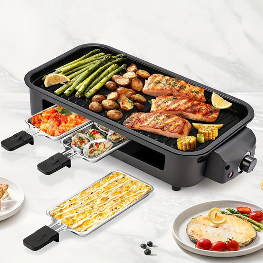 Indoor Electric Smokeless Grill 1700W with Raclette Pans, Non-Stick Dishwasher Safe Plate, Portable Tabletop BBQ Griddle for Couples