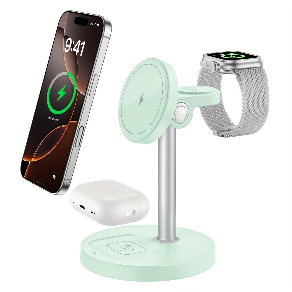 3-in-1 Wireless Charging Station 6 Colors Fast Qi Charger for iPhone 17/16/15/14/13/12, Apple Watch Ultra/Series 11/10/9/SE & AirPods 4/3/2 Pro – Anti-Slip Foreign Object Detection | Pink White Black Purple Green Blue