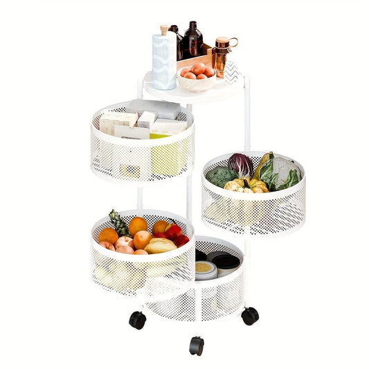 Round-Basket Rolling Storage Rack with Four or Five Mesh Levels, Caster Base and Black or White Finish